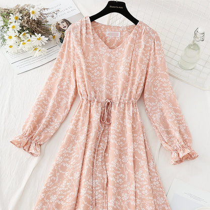 Chiffon floral dress with slim waist and gentle lady skirt  4091