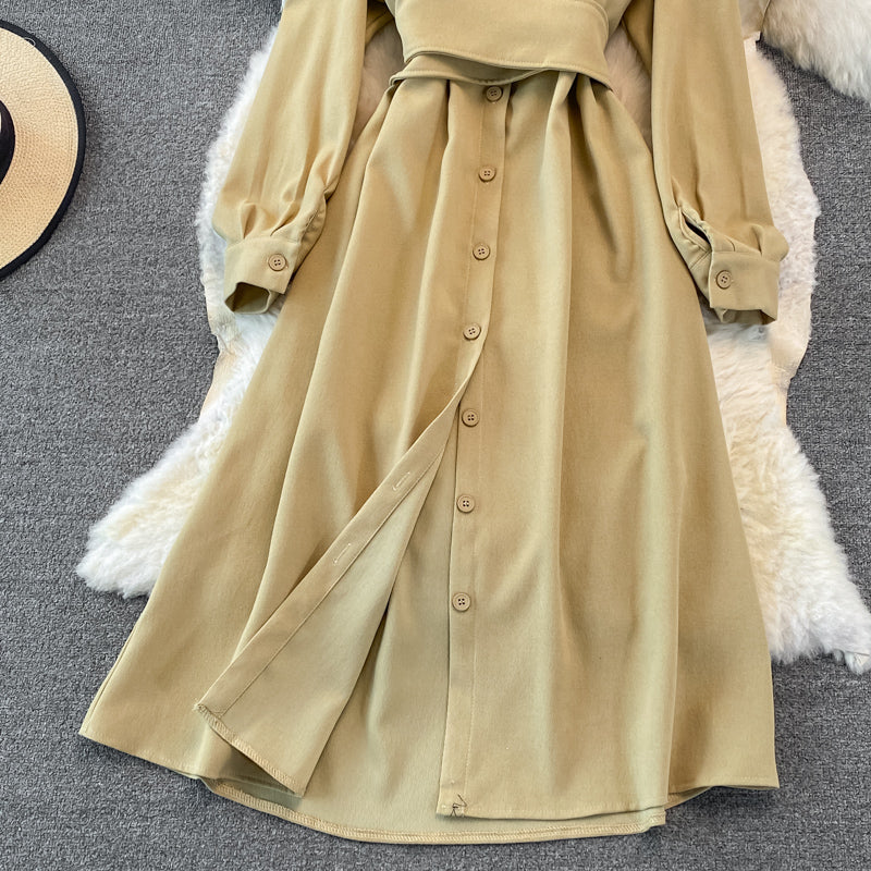 Corduroy bandage single breasted shirt skirt  3762