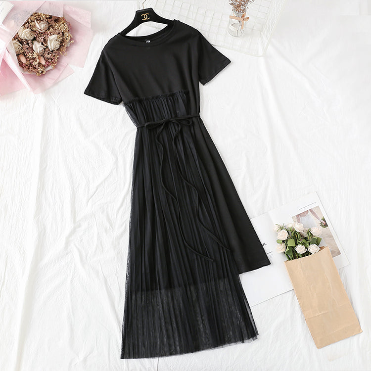 Pleated mesh irregular personality T-shirt skirt  4352