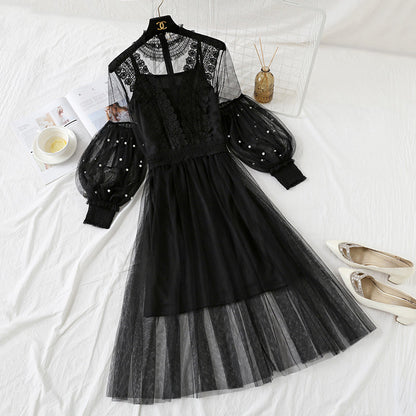 Super fairy lace mesh dress Lantern Sleeve nail bead sling  4314