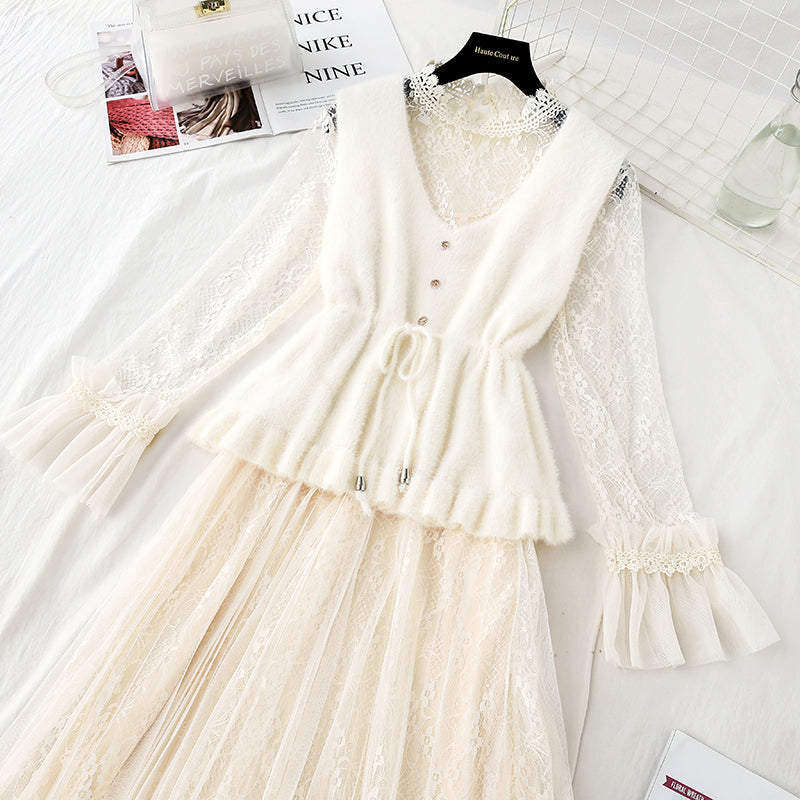 Lace inside dress vest skirt two piece suit  4742