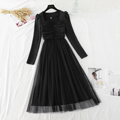 Square neck thin French retro light mature dress  4405
