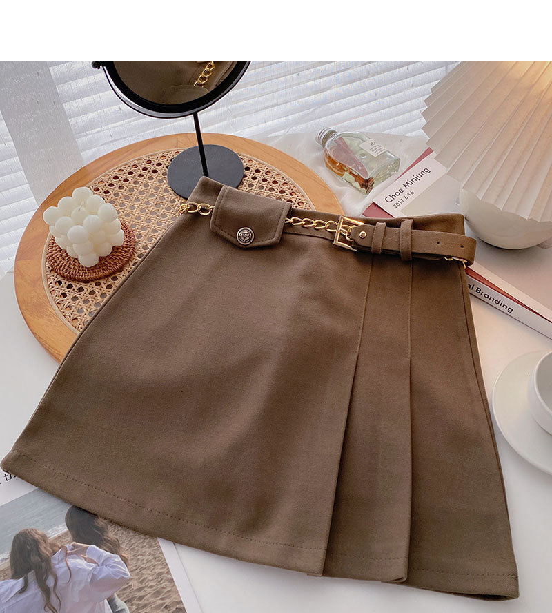 Small design retro chain high waist A-line skirt with belt  5458