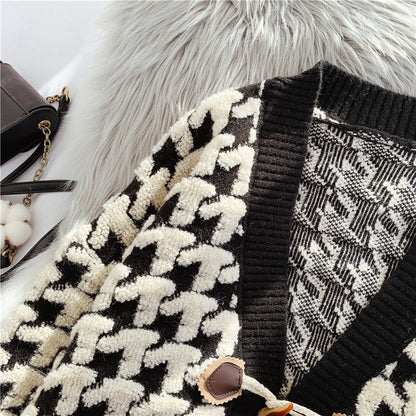 Thousand bird lattice ox horn buckle sweater coat female  4925