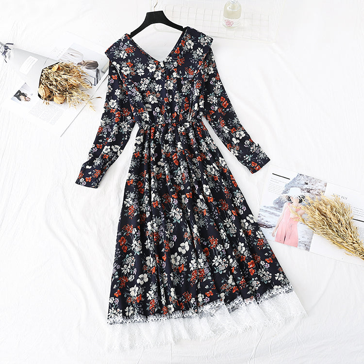 French retro super fairy lace patchwork Floral Dress  4002