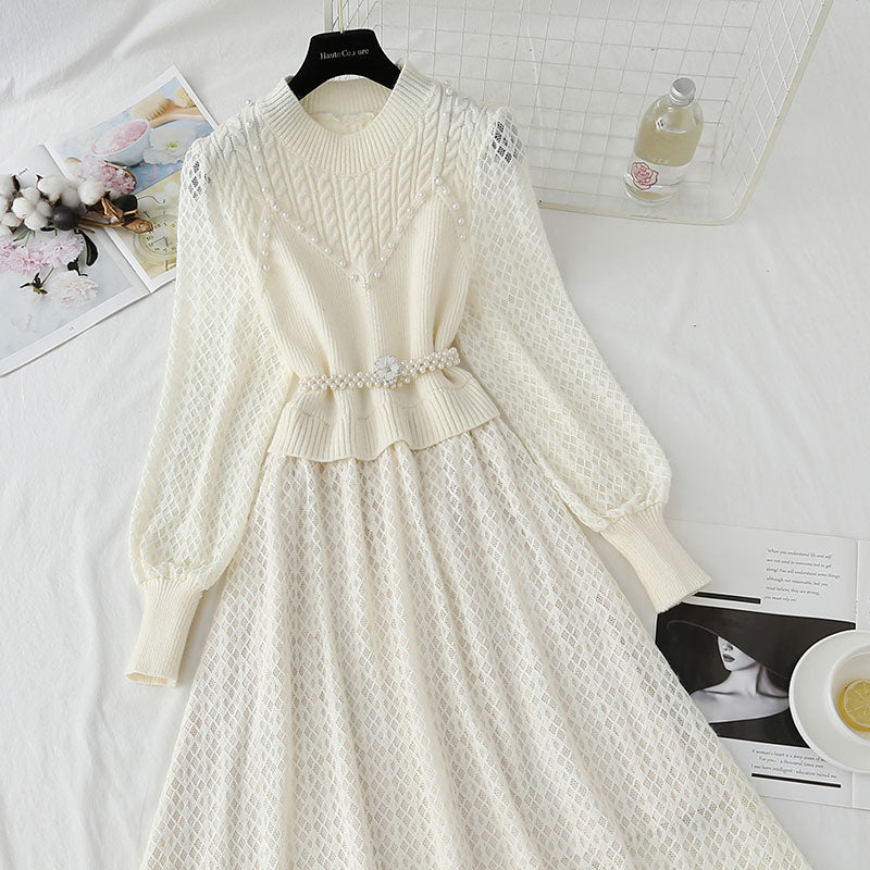New super fairy lace stitched knitted dress  4435