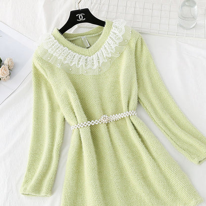 Mink plush fur sweet Ruffle lace stitched bottomed skirt  3953