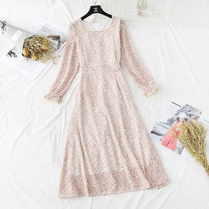 French retro super fairy square collar Lace Floral bottomed long skirt  3997