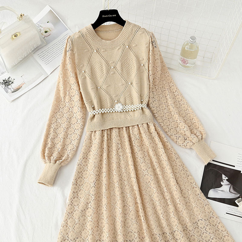 New knitted bottomed dress women's lace patchwork skirt  4441