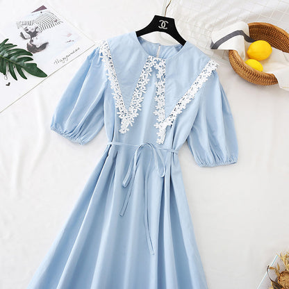 Lace doll neck cotton linen dress  4140