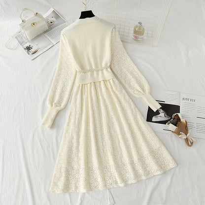 New knitted bottomed dress women's lace patchwork skirt  4441