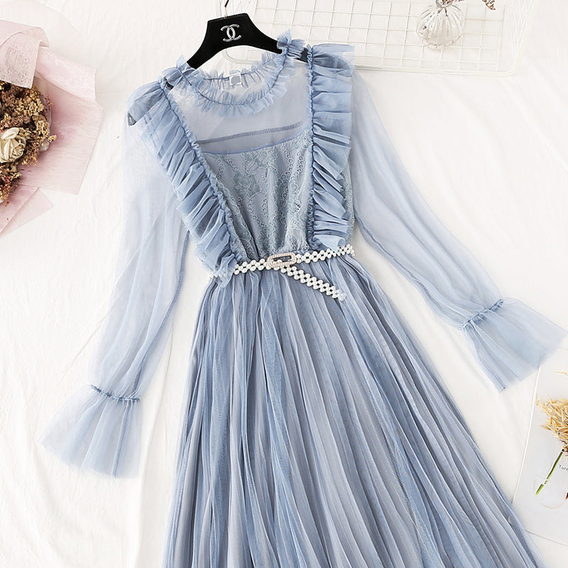 French retro knee pleated long skirt  4043