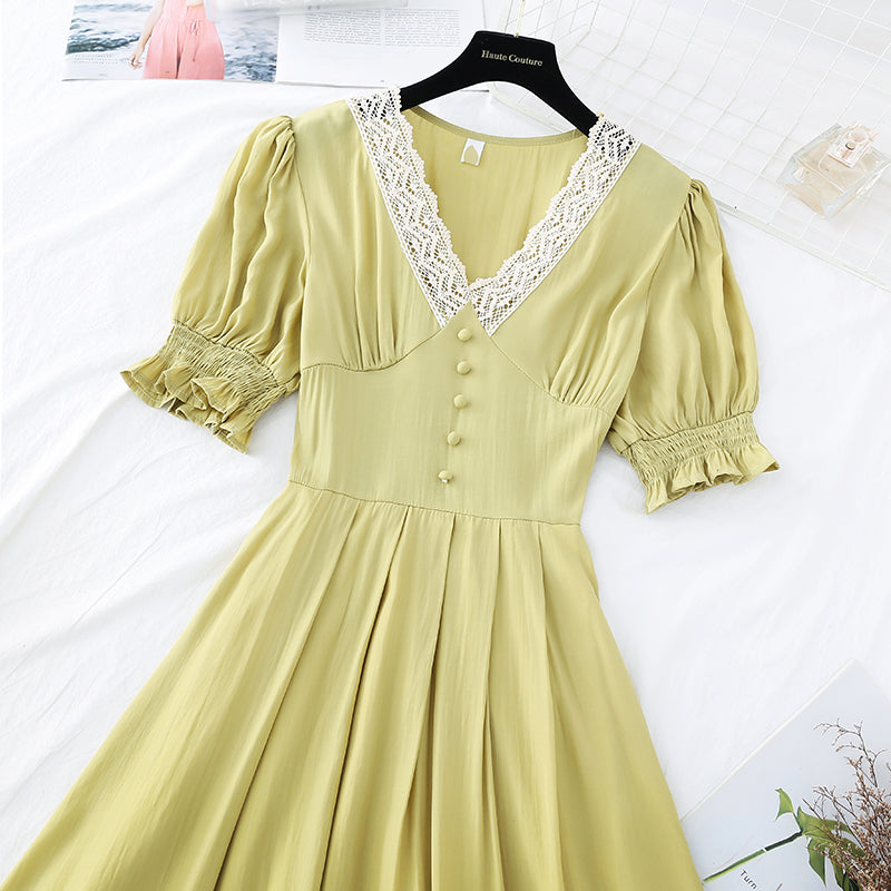 Super fairy bubble sleeve gentle wind high waist thin temperament dress  4209