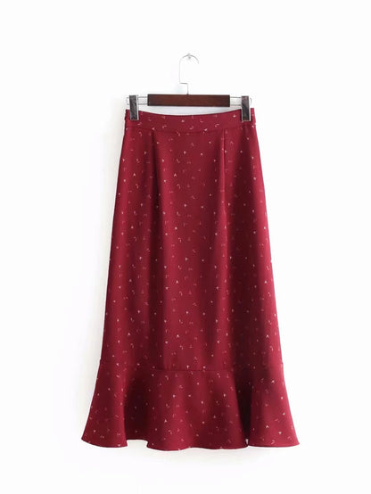 High waisted, looseflouncesprinted irregular MIDI skirt  3716