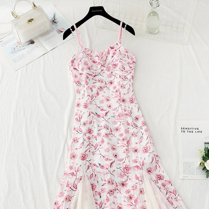 Design sense niche purple fishtail skirt Chiffon floral suspender dress  4124