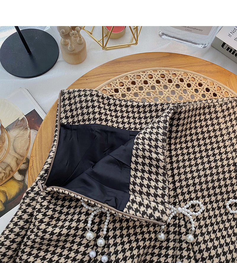 Design sense nail bead a-word high waist slim fashion thousand bird check short skirt  5512