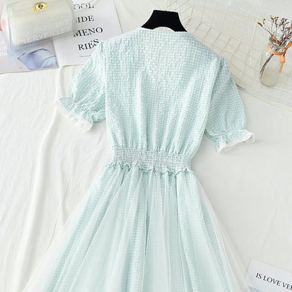 Cotton linen dress Plaid gauze fairy skirt French doll collar  4425
