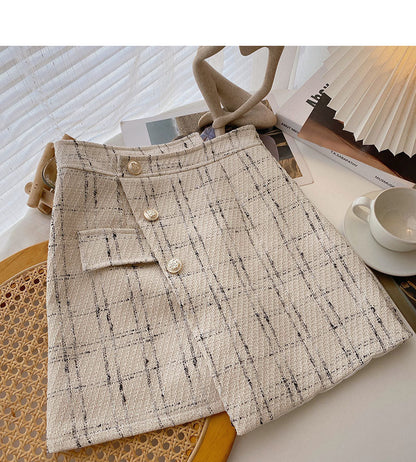 Irregular design high waist single breasted A-line slim plaid skirt  5320