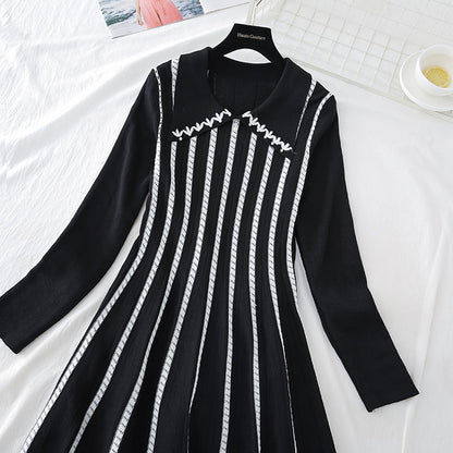 French Long Sleeve Striped fashion age reducing thin bottomed knitted skirt  3916