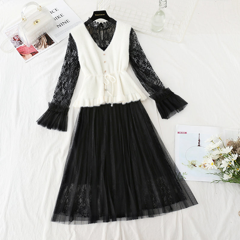 Dress with lace inside, ladies' temperament  4404