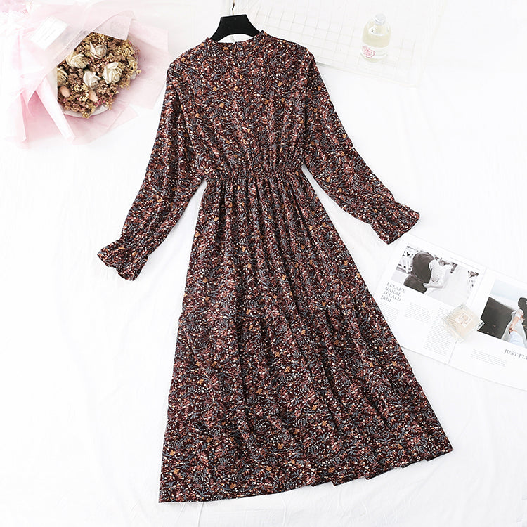 Floral dress French retro half high neck inside  4486