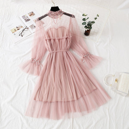 Mesh dress with Beaded long sleeve lace  4307