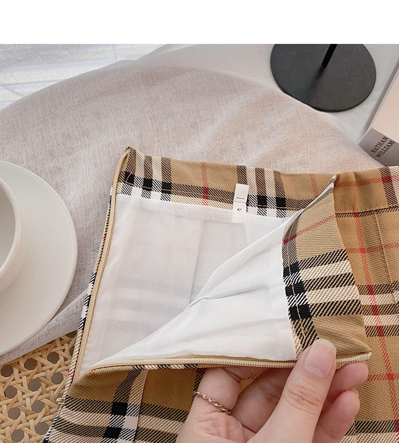 Plaid pleated skirt women's age reducing high waist A-line skirt  5435