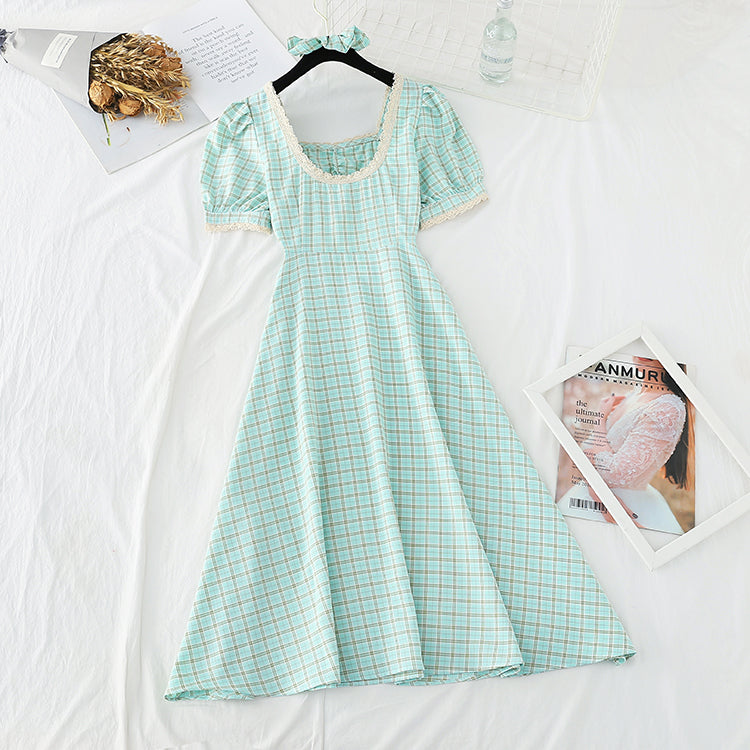 Slim waist, square neck, super immortal French retro long skirt  4660