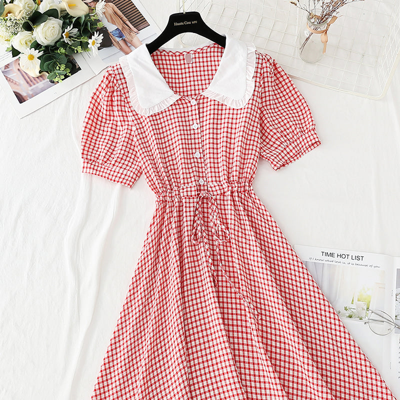 Skinny belly covering lace up French doll neck plaid skirt  4902