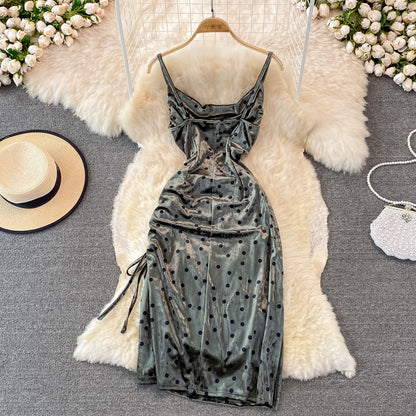 Velvet sexy swing neck long suspender drawstring split dress  3757