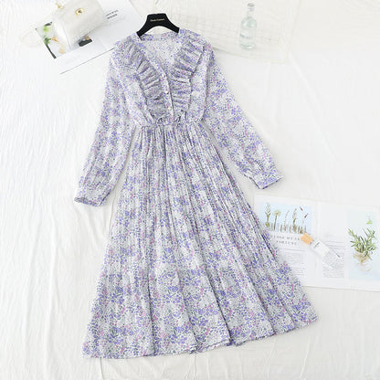 New Vintage high waist thin broken flower pleated fairy Chiffon Skirt  4540