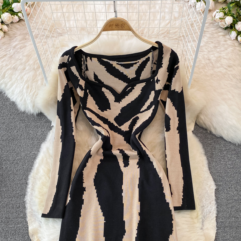 Zebra jacquard knitted square neck dress tight Hip Wrap Skirt  3760