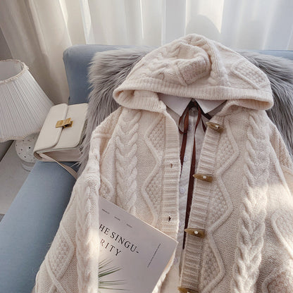 Ox horn button hooded twist sweater coat  4990
