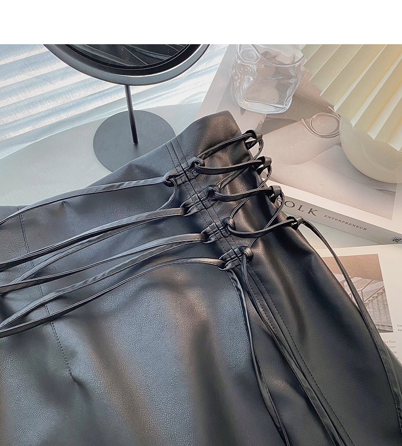 High waist small public design bandage wrap hip thin PU leather skirt  5411