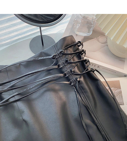 High waist small public design bandage wrap hip thin PU leather skirt  5411