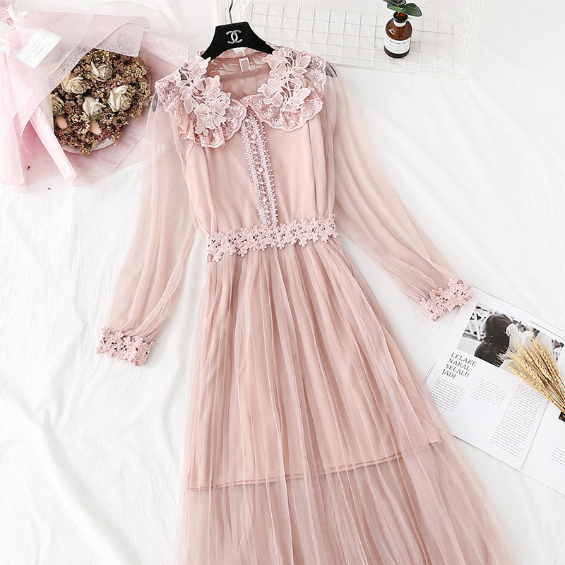 Lace flower mesh suspender dress  4370
