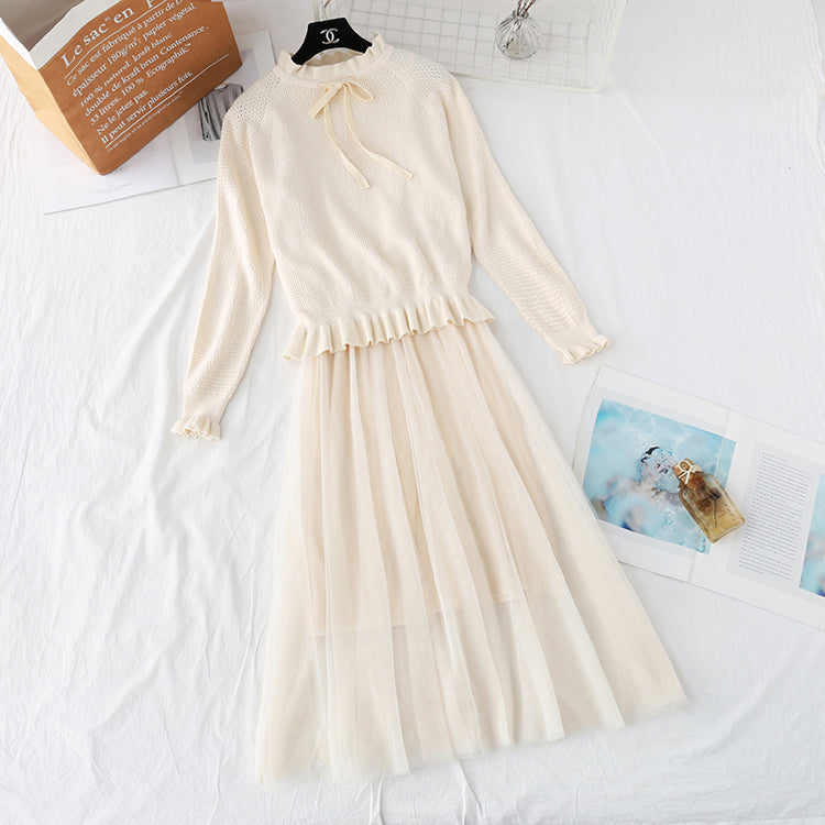 Ruffle knit dress suspender mesh skirt  4360