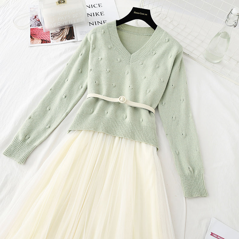 New gentle sweater with mesh suspender skirt two-piece set  4552