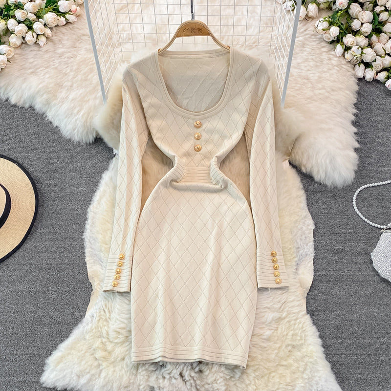 Long sleeve sexy personalized square neck knitted bag hip bottomed dress  3781