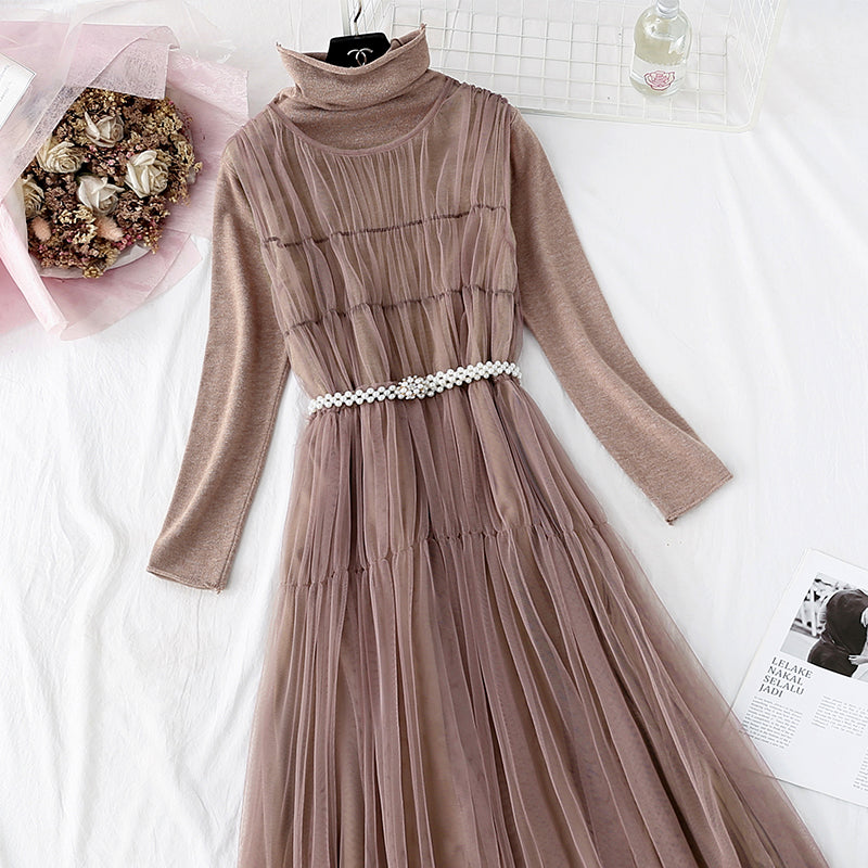 Mesh vest skirt + high neck bottomed shirt two-piece set  4578