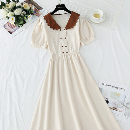 Cotton linen dress sweet bubble sleeve doll collar  4272