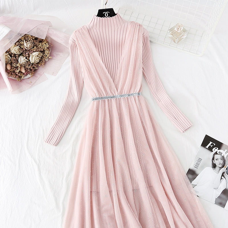New sweater over knee mesh celebrity small fragrance suit long skirt  4766