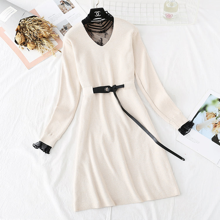 Knitted dress lace backing fake two skirts  4493