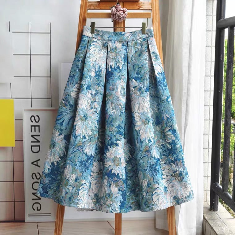 Painted jacquard high waist umbrella skirt, new style, embroidered blue and white porcelain oil painting skirt, bouffant skirt, vintage skirt  3546