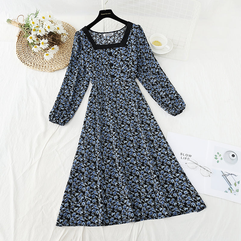French tea break retro square collar niche chiffon long skirt  4836