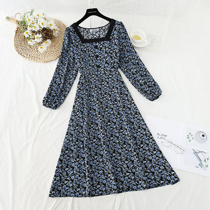 French tea break retro square collar niche chiffon long skirt  4836