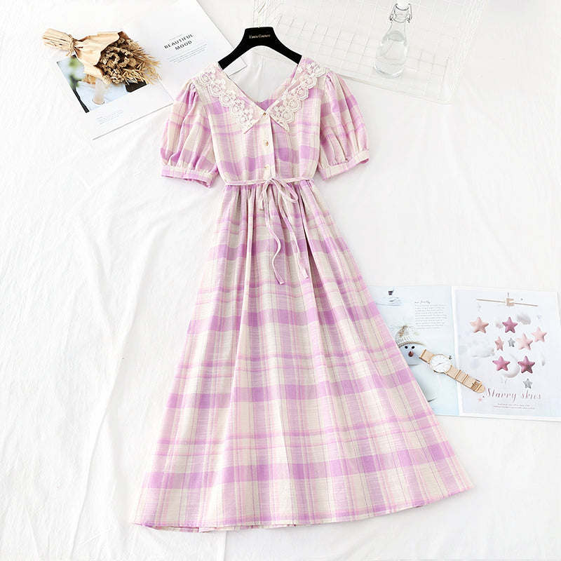Lace doll collar sweet Plaid Cotton Linen Skirt fairy super fairy series  4154