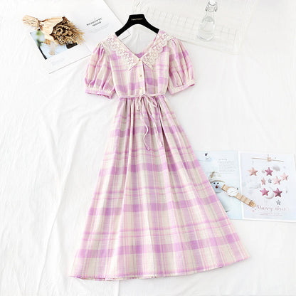 Lace doll collar sweet Plaid Cotton Linen Skirt fairy super fairy series  4154