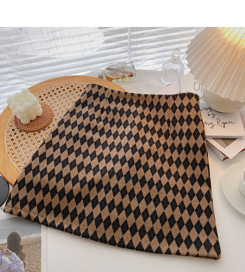 Retro fashion color blocking lattice thin a-word high waist skirt  5463