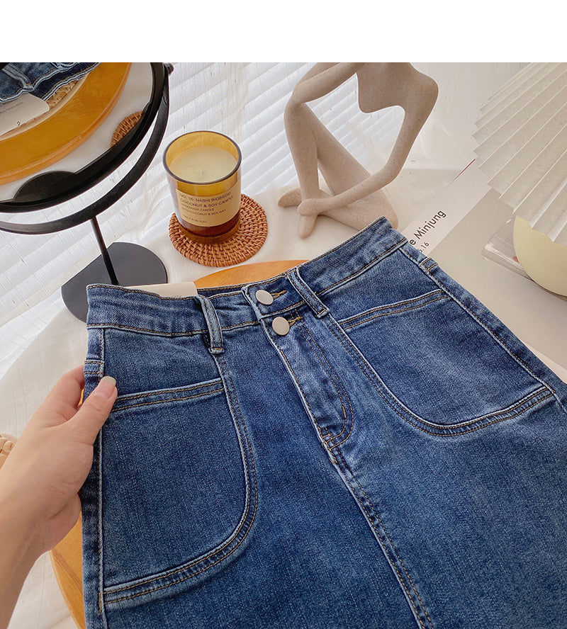 Denim skirt design small pocket high waist A-line casual skirt  5389